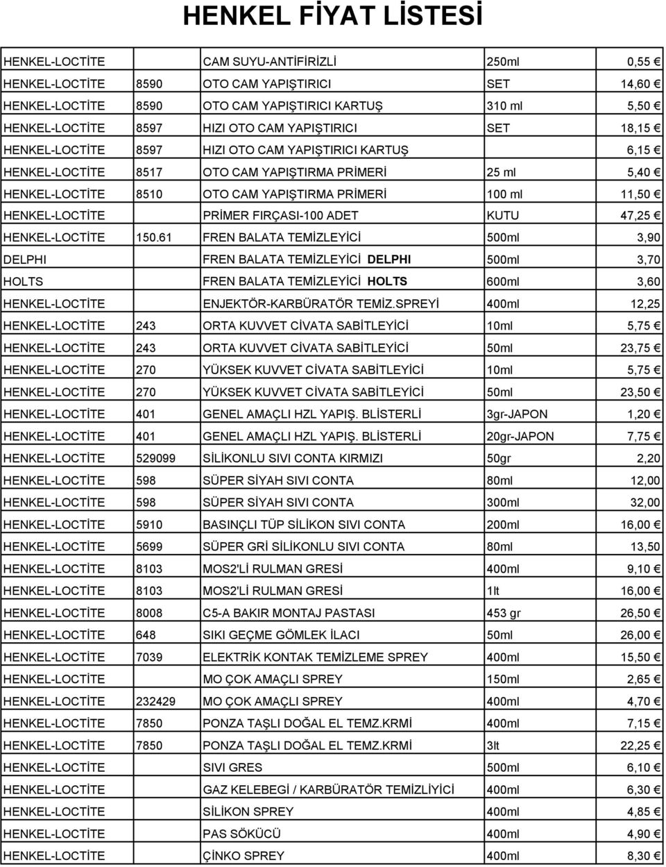 100 ml 11,50 HENKEL-LOCTİTE PRİMER FIRÇASI-100 ADET KUTU 47,25 HENKEL-LOCTİTE 150.