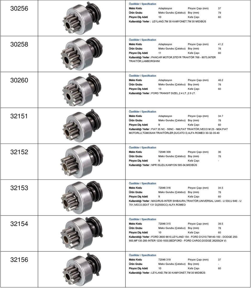 Pinyon Çapı (mm) 46.2 Ürün Grubu Mako Gurubu (Çatalsız) Boy (mm) 78 Pinyon Diş Adeti 13 Kafa Çapı 60 Kullanıldığı Yerler : FORD TRANSIT DIZEL,2.4 LT.,2.5 LT.