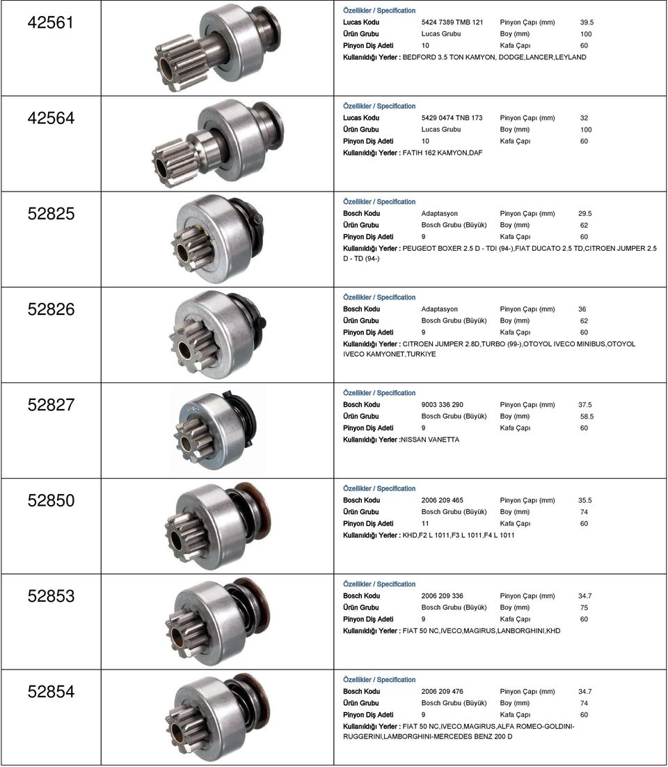 Pinyon Çapı (mm) 29.5 Ürün Grubu Bosch Grubu (Büyük) Boy (mm) 62 Kullanıldığı Yerler : PEUGEOT BOXER 2.5 D - TDI (94-),FIAT DUCATO 2.5 TD,CITROEN JUMPER 2.