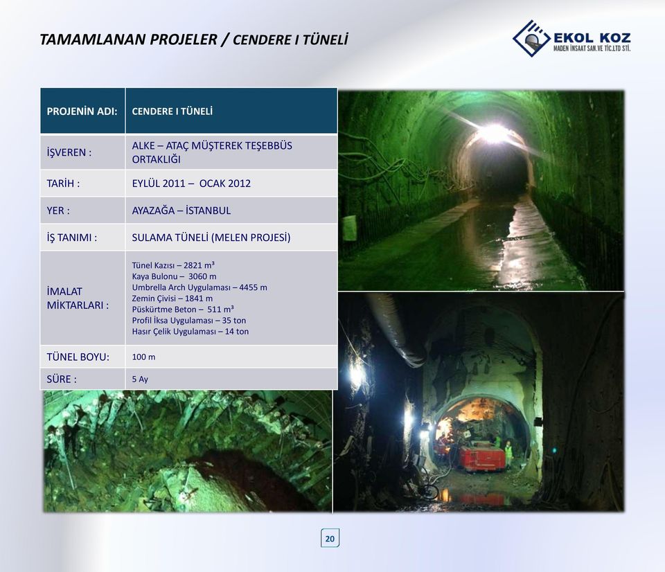 İSTANBUL SULAMA TÜNELİ (MELEN PROJESİ) Tünel Kazısı 2821 m³ Kaya Bulonu 3060 m Umbrella Arch Uygulaması 4455
