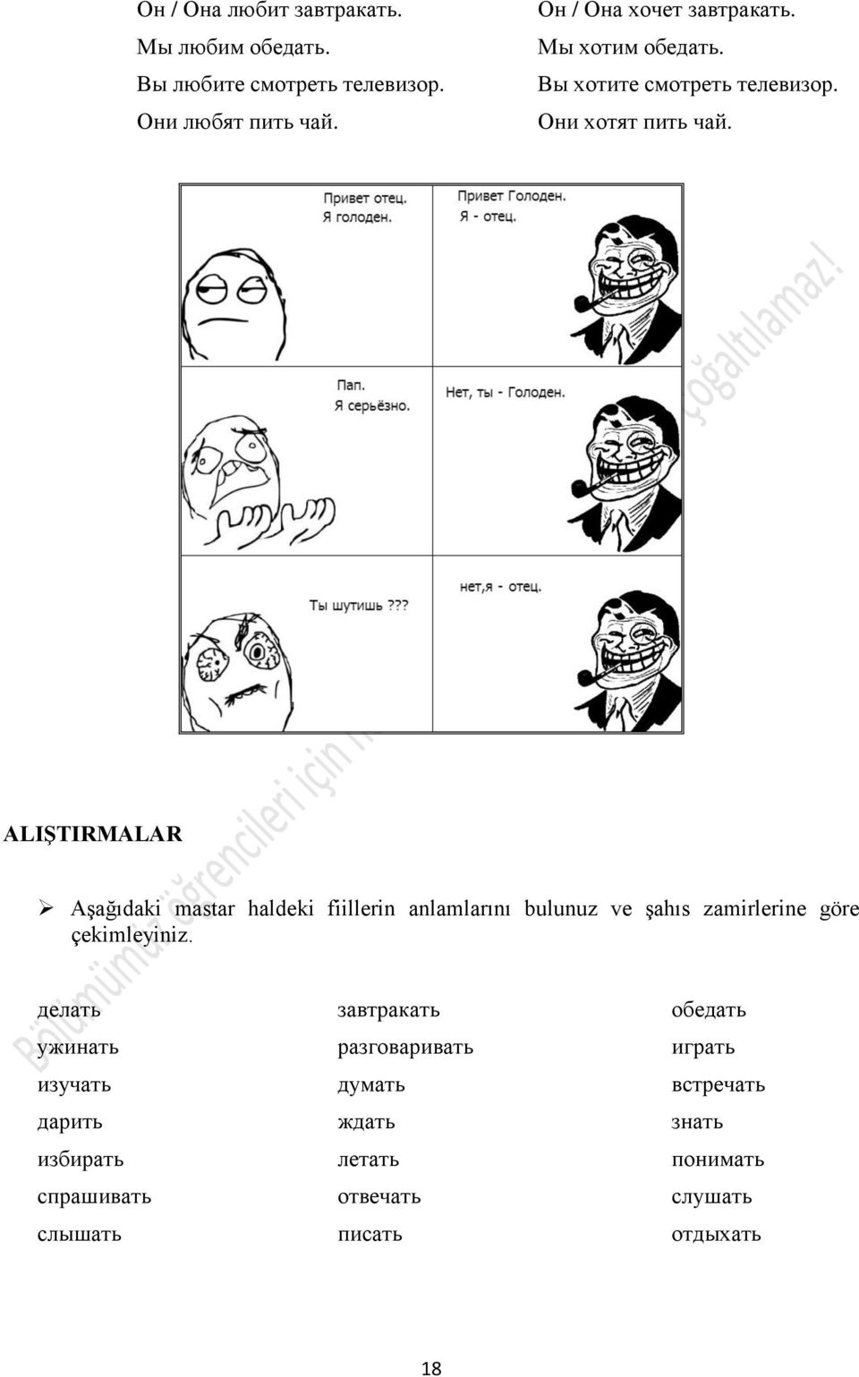 ALIġTIRMALAR Aşağıdaki mastar haldeki fiillerin anlamlarını bulunuz ve şahıs zamirlerine göre çekimleyiniz.