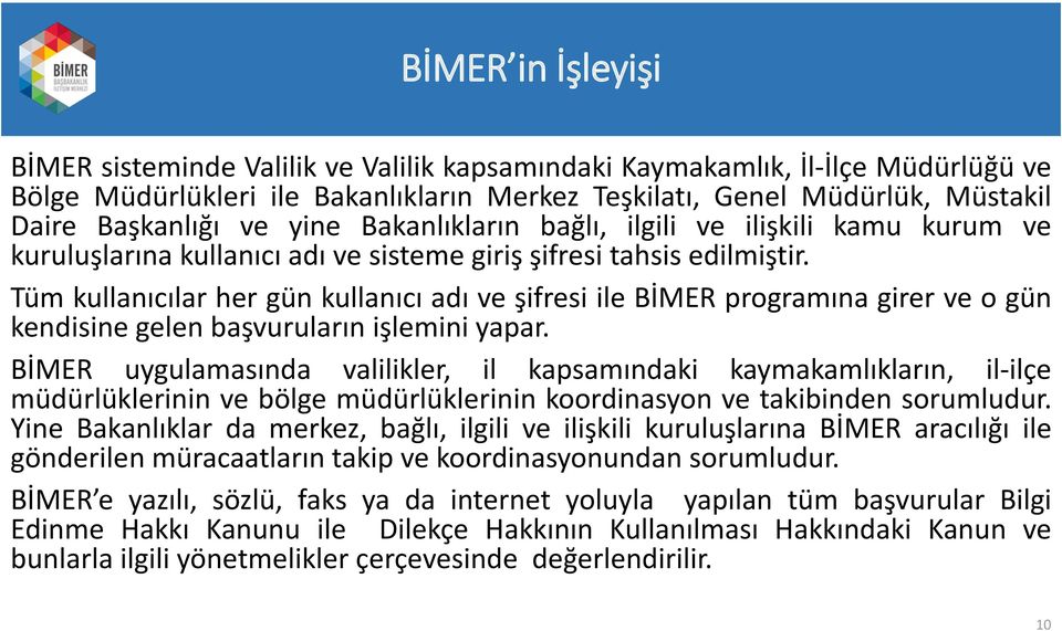 Tüm kullanıcılar her gün kullanıcı adı ve şifresi ile BİMER programına girer ve o gün kendisine gelen başvuruların işlemini yapar.