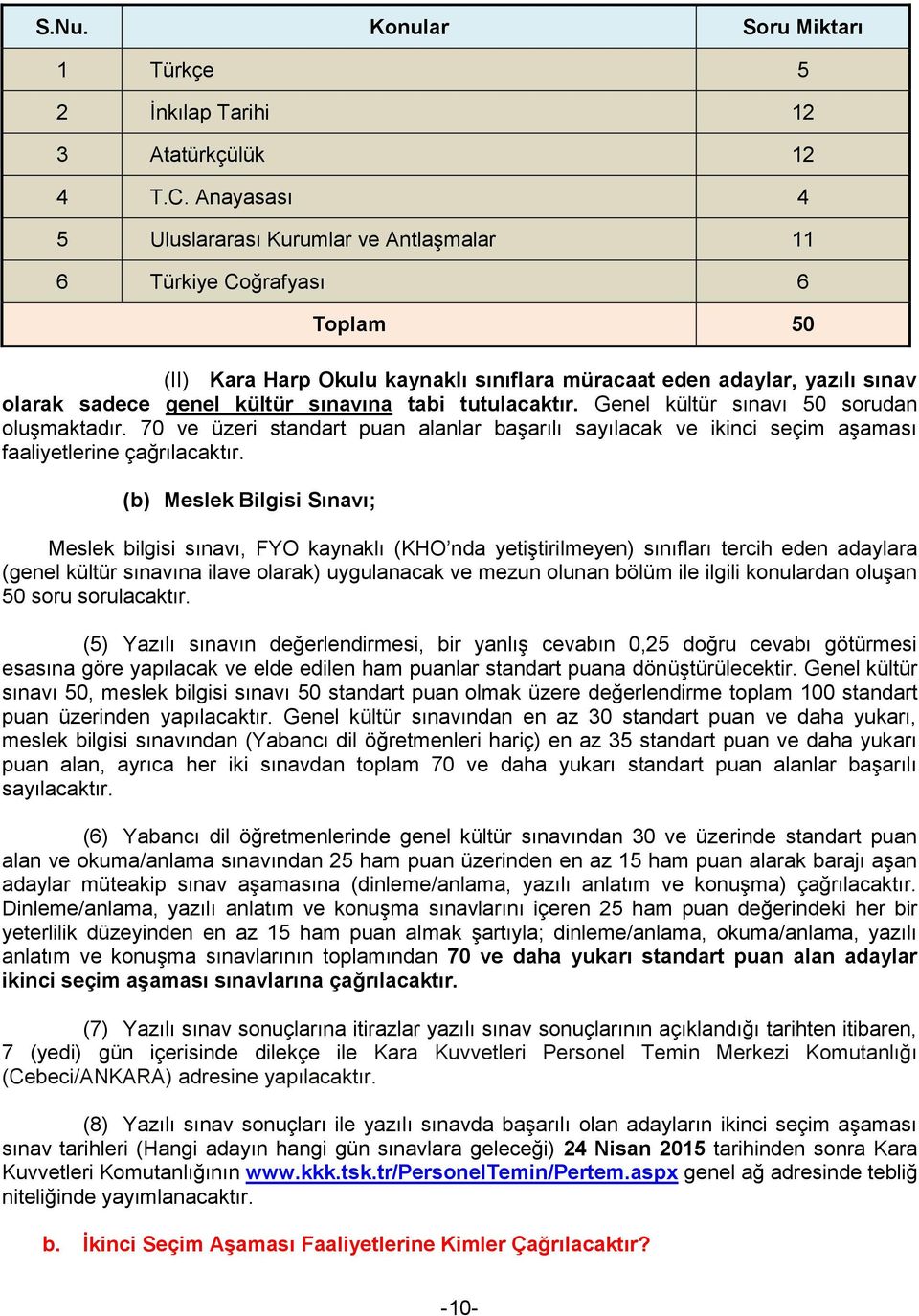 tabi tutulacaktır. Genel kültür sınavı 50 sorudan oluşmaktadır. 70 ve üzeri standart puan alanlar başarılı sayılacak ve ikinci seçim aşaması faaliyetlerine çağrılacaktır.