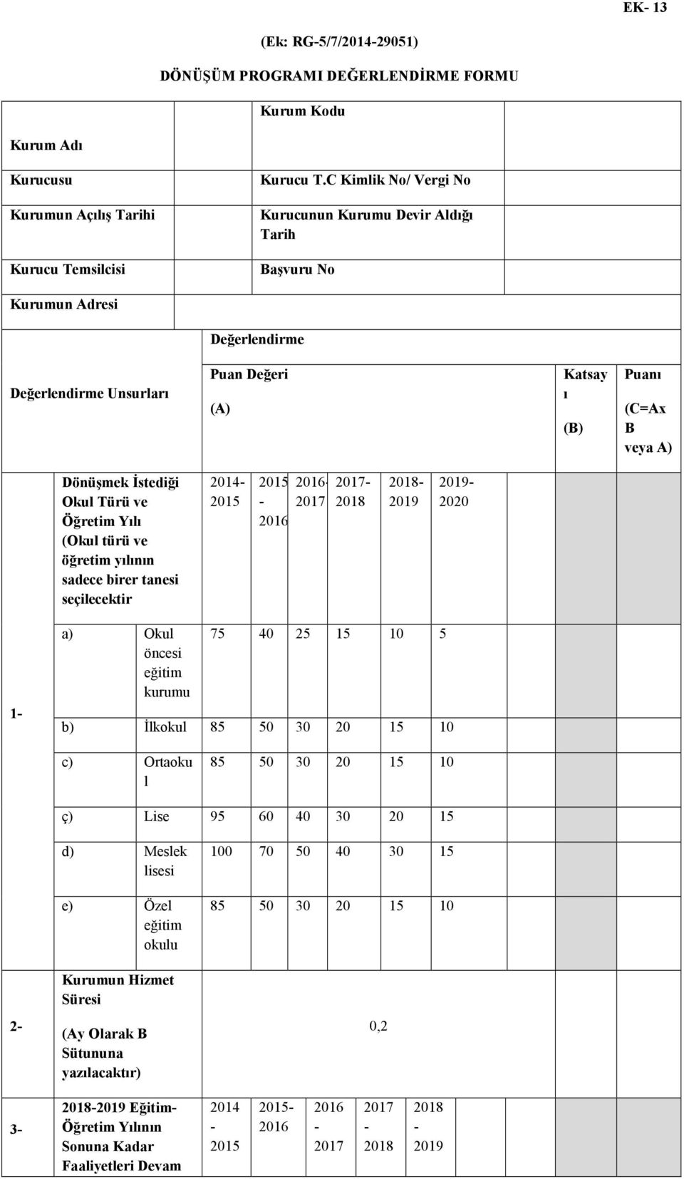 Türü ve Öğretim Yılı (Okul türü ve öğretim yılının sadece birer tanesi seçilecektir 2014-2015 2015-2016 2016-2017 2017-2018 2018-2019 2019-2020 1- a) Okul öncesi eğitim kurumu 75 40 25 15 10 5 b)