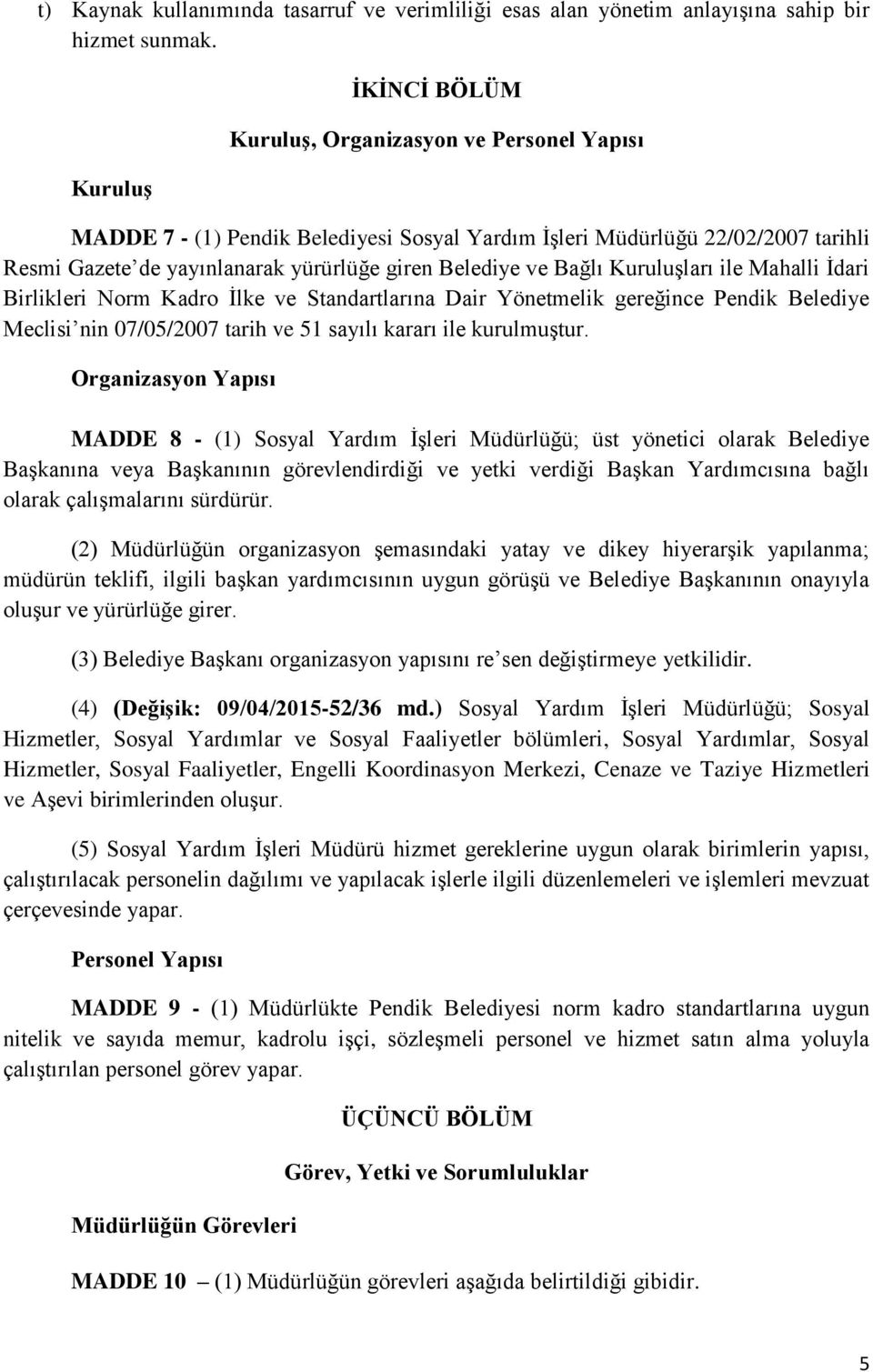 ve Bağlı Kuruluşları ile Mahalli İdari Birlikleri Norm Kadro İlke ve Standartlarına Dair Yönetmelik gereğince Pendik Belediye Meclisi nin 07/05/2007 tarih ve 51 sayılı kararı ile kurulmuştur.