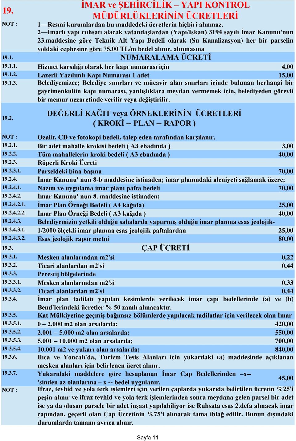 maddesine göre Teknik Alt Yapı Bedeli olarak (Su Kanalizasyon) her bir parselin yoldaki cephesine göre 75,00 TL/m bedel alınır. alınmasına NUMARALAMA ÜCRETİ 19