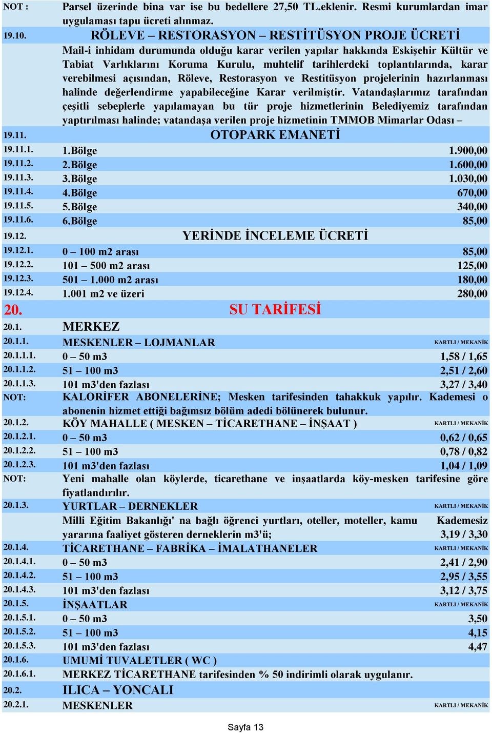 1.1.3. 101 m3'den fazlası 3,27 / 3,40 NOT: KALORİFER ABONELERİNE; Mesken tarifesinden tahakkuk yapılır. Kademesi o abonenin hizmet ettiği bağımsız bölüm adedi bölünerek bulunur. 20.1.2. KÖY MAHALLE ( MESKEN TİCARETHANE İNŞAAT ) KARTLI / MEKANİK 20.