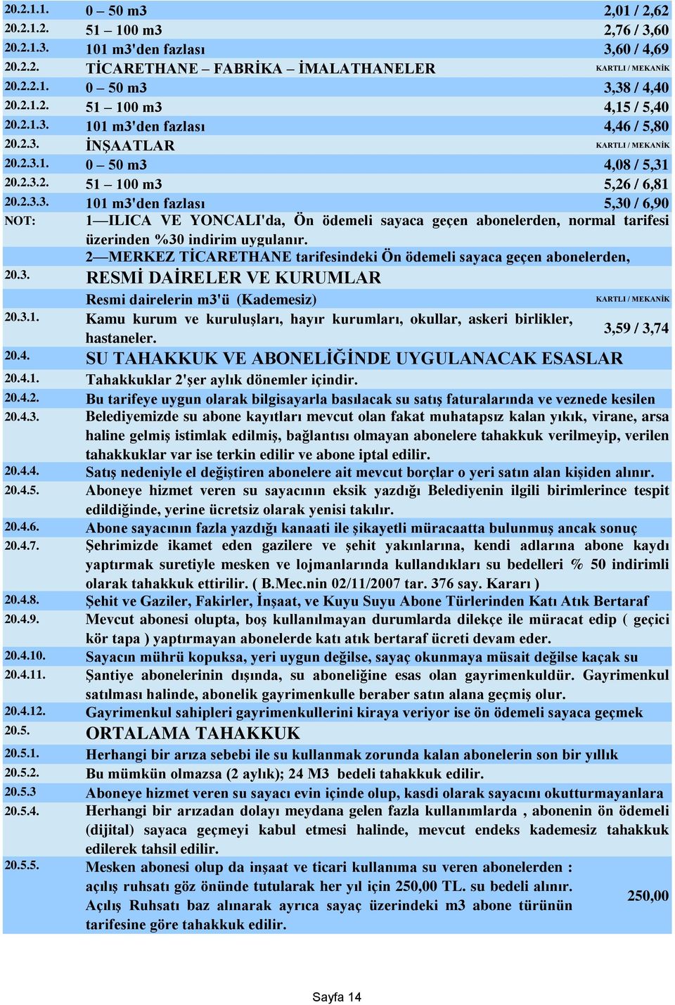 2 MERKEZ TİCARETHANE tarifesindeki Ön ödemeli sayaca geçen abonelerden, 20.3. Resmi dairelerin m3'ü (Kademesiz) KARTLI / MEKANİK 20.3.1.