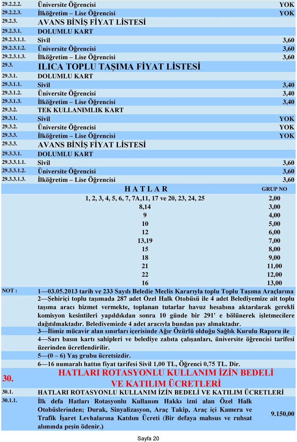 3.3. İlköğretim Lise Öğrencisi YOK 29.3.3. 29.3.3.1. 29.3.3.1.1. DOLUMLU KART Sivil 3,60 29.3.3.1.2. Üniversite Öğrencisi 3,60 29.3.3.1.3. İlköğretim Lise Öğrencisi 3,60 NOT : 30.