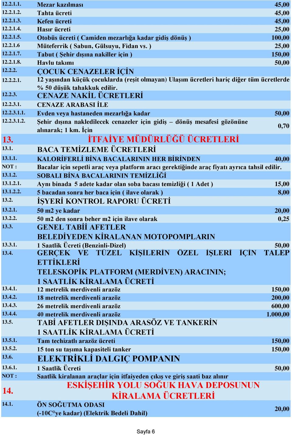 2.3.1.2. Şehir dışına nakledilecek cenazeler için gidiş dönüş mesafesi gözönüne alınarak; 1 km. İçin 0,70 13. 13.1. 13.1.1. KALORİFERLİ BİNA BACALARININ HER BİRİNDEN 40,00 NOT : 13.1.2. Bacalar için sepetli araç veya platform aracı gerektiğinde araç fiyatı ayrıca tahsil edilir.