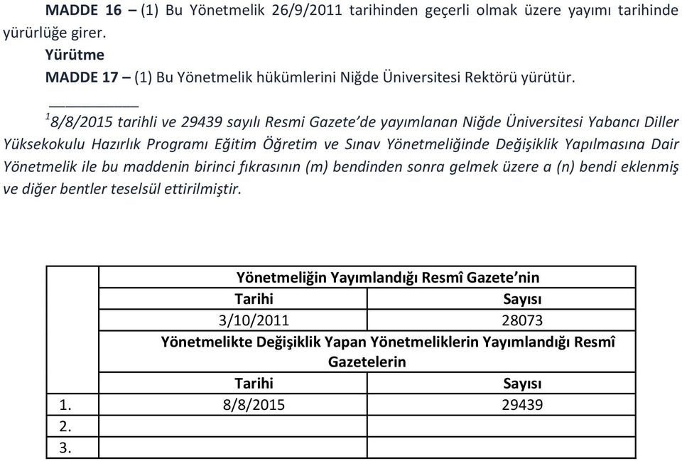 1 8/8/2015 tarihli ve 29439 sayılı Resmi Gazete de yayımlanan Niğde Üniversitesi Yabancı Diller Yüksekokulu Hazırlık Programı Eğitim Öğretim ve Sınav Yönetmeliğinde Değişiklik