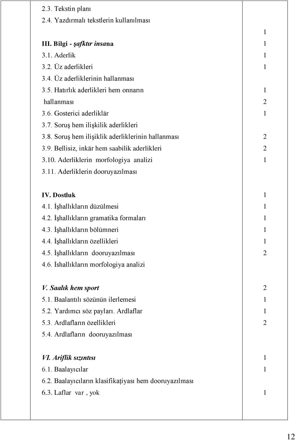 . Aderliklerin dooruyazılması IV. Dostluk 4.. İşhallıkların düzülmesi 4.. İşhallıkların gramatika formaları 4.3. İşhallıkların bölümneri 4.4. İşhallıkların özellikleri 4.5.