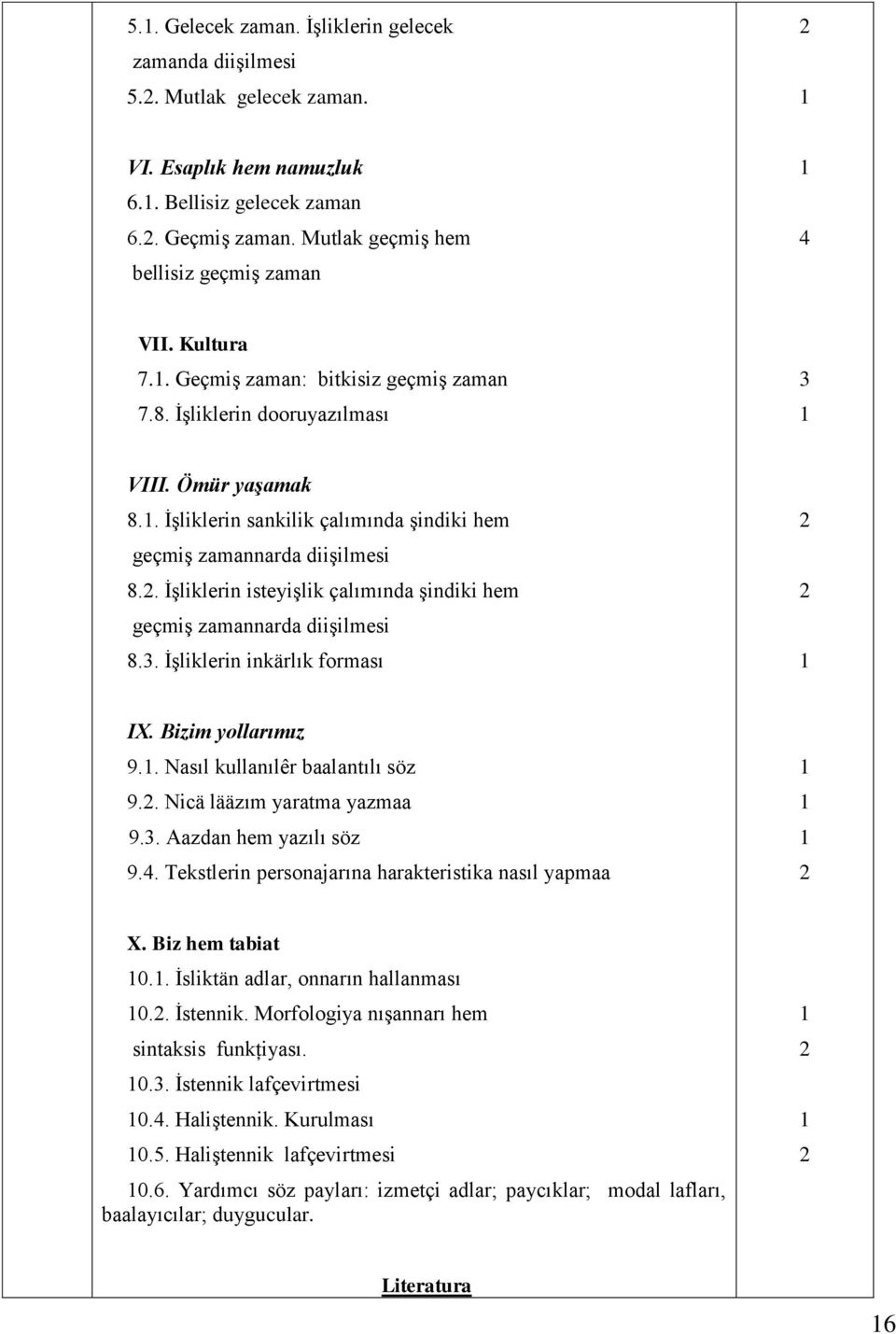 . İşliklerin isteyişlik çalımında şindiki hem geçmiş zamannarda diişilmesi 8.3. İşliklerin inkärlık forması IX. Bizim yollarımız 9.. Nasıl kullanılêr baalantılı söz 9.. Nicä lääzım yaratma yazmaa 9.3. Aazdan hem yazılı söz 9.