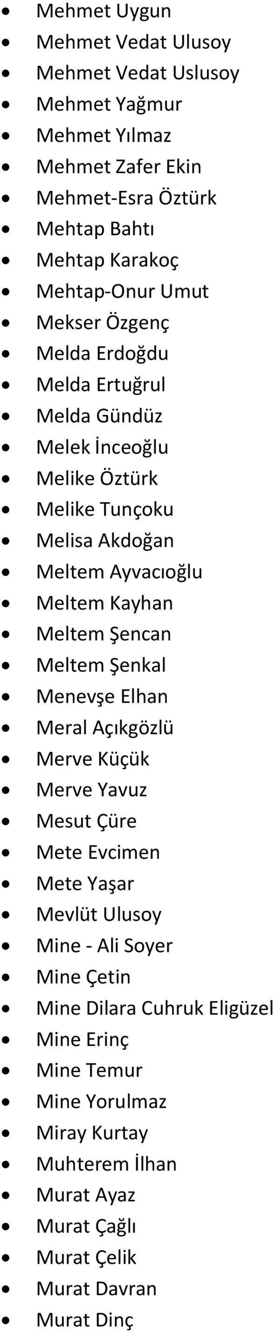 Kayhan Meltem Şencan Meltem Şenkal Menevşe Elhan Meral Açıkgözlü Merve Küçük Merve Yavuz Mesut Çüre Mete Evcimen Mete Yaşar Mevlüt Ulusoy Mine Ali Soyer