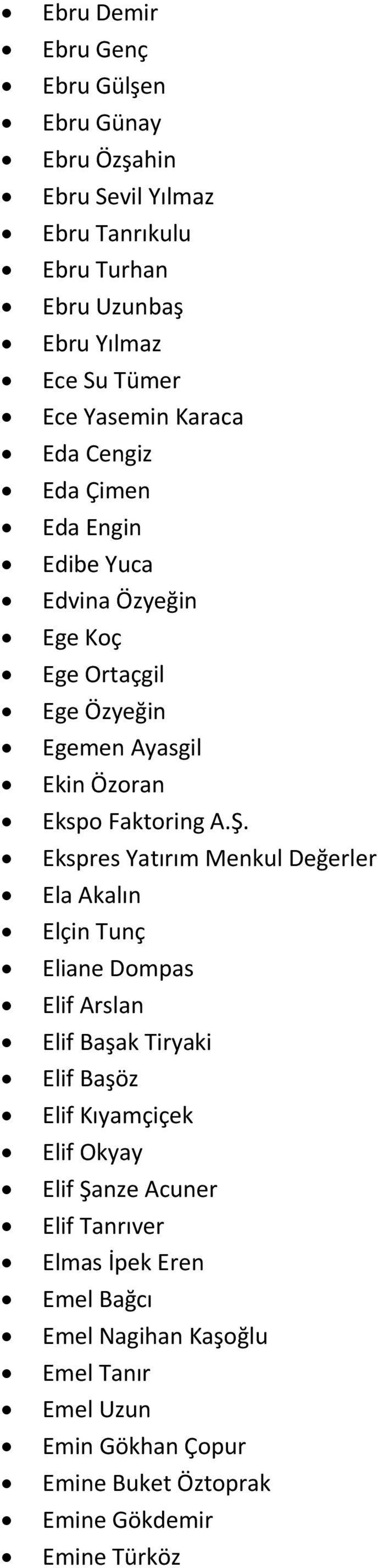 Ş. Ekspres Yatırım Menkul Değerler Ela Akalın Elçin Tunç Eliane Dompas Elif Arslan Elif Başak Tiryaki Elif Başöz Elif Kıyamçiçek Elif Okyay Elif Şanze