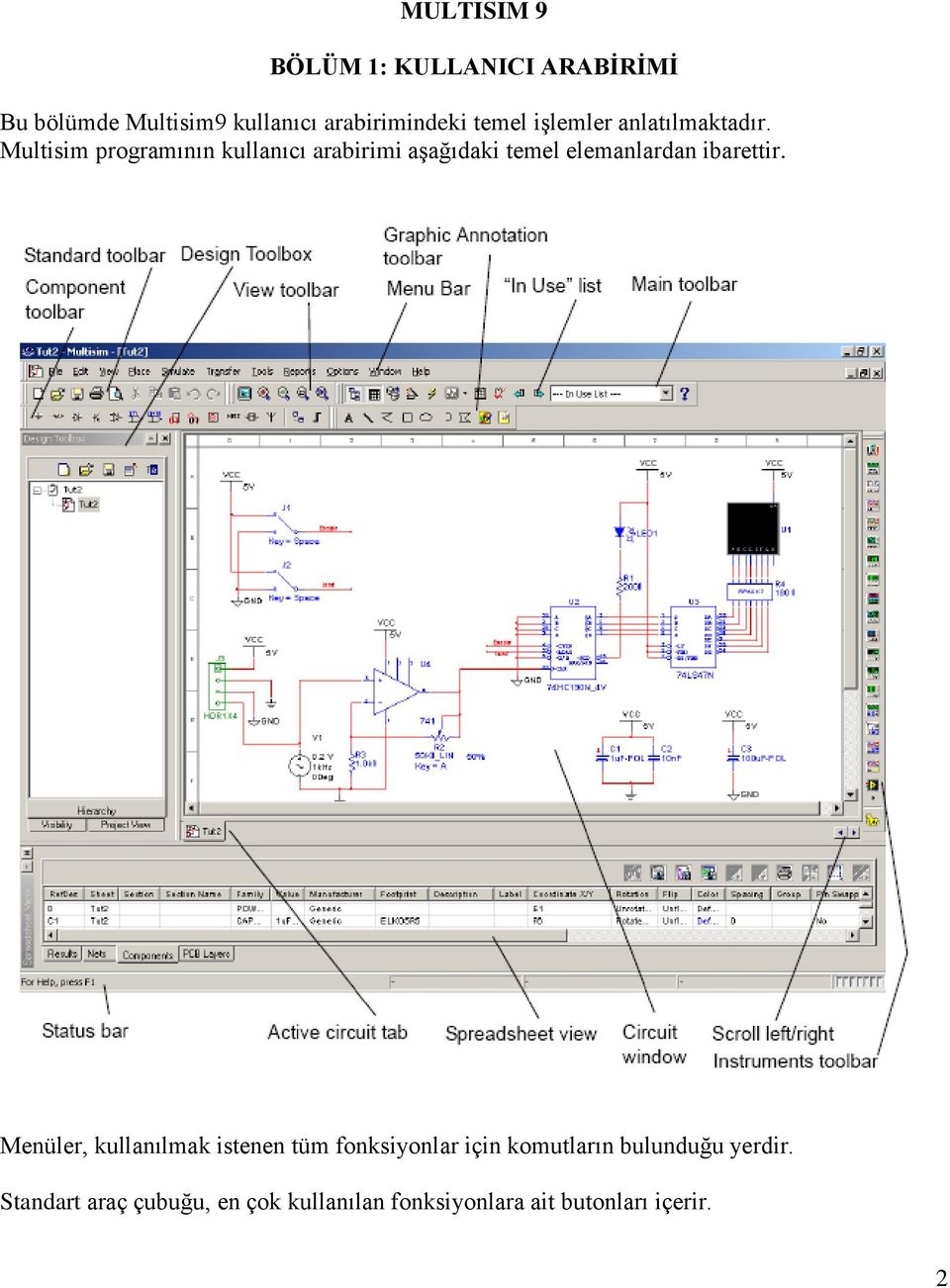 Multisim programının kullanıcı arabirimi aşağıdaki temel elemanlardan ibarettir.