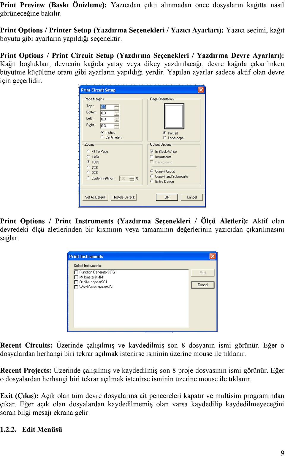 Print Options / Print Circuit Setup (Yazdırma Seçenekleri / Yazdırma Devre Ayarları): Kağıt boşlukları, devrenin kağıda yatay veya dikey yazdırılacağı, devre kağıda çıkarılırken büyütme küçültme