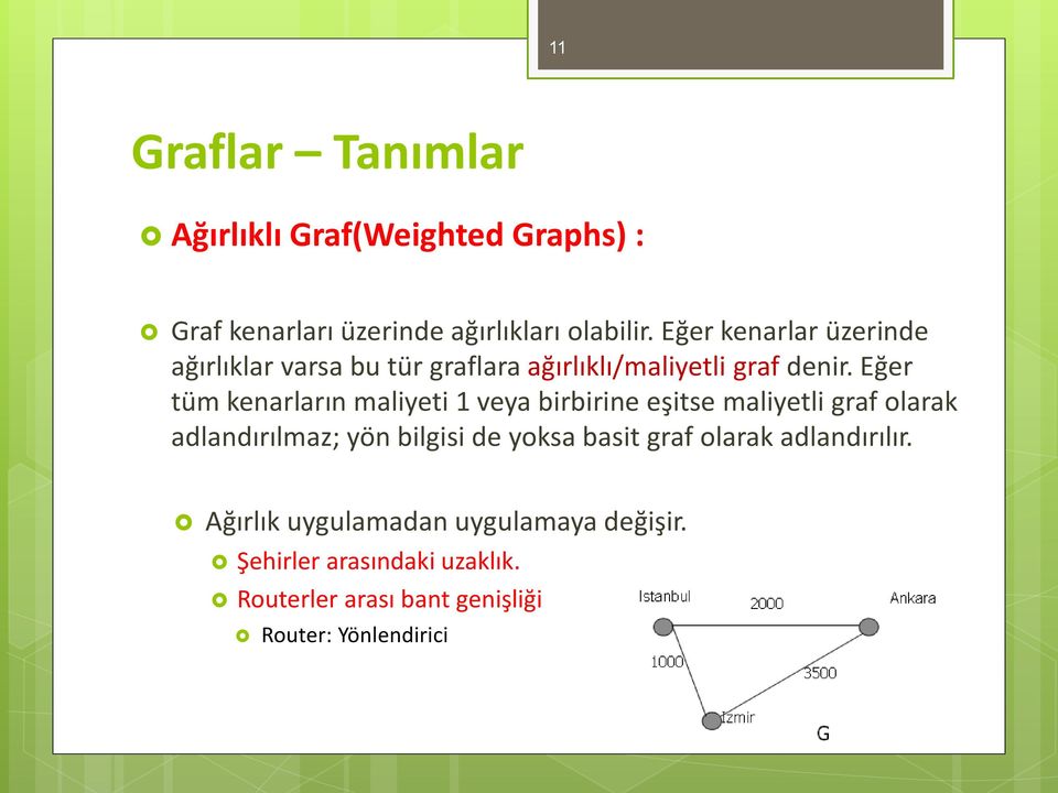 Eğer tüm kenarların maliyeti 1 veya birbirine eşitse maliyetli graf olarak adlandırılmaz; yön bilgisi de yoksa