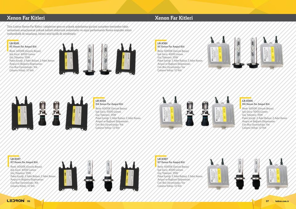 LR-X101 H1 Xenon Far Ampul Kiti Işık Gücü: 4000 Lümen Güç Tüketimi: 35W Ballast, 2 Adet Xenon Can-Bus Uyumluluğu: Yok LR-X301 H1 Xenon Far Ampul Kiti Işık Gücü: 4000 Lümen Güç Tüketimi: 35W Ballast,
