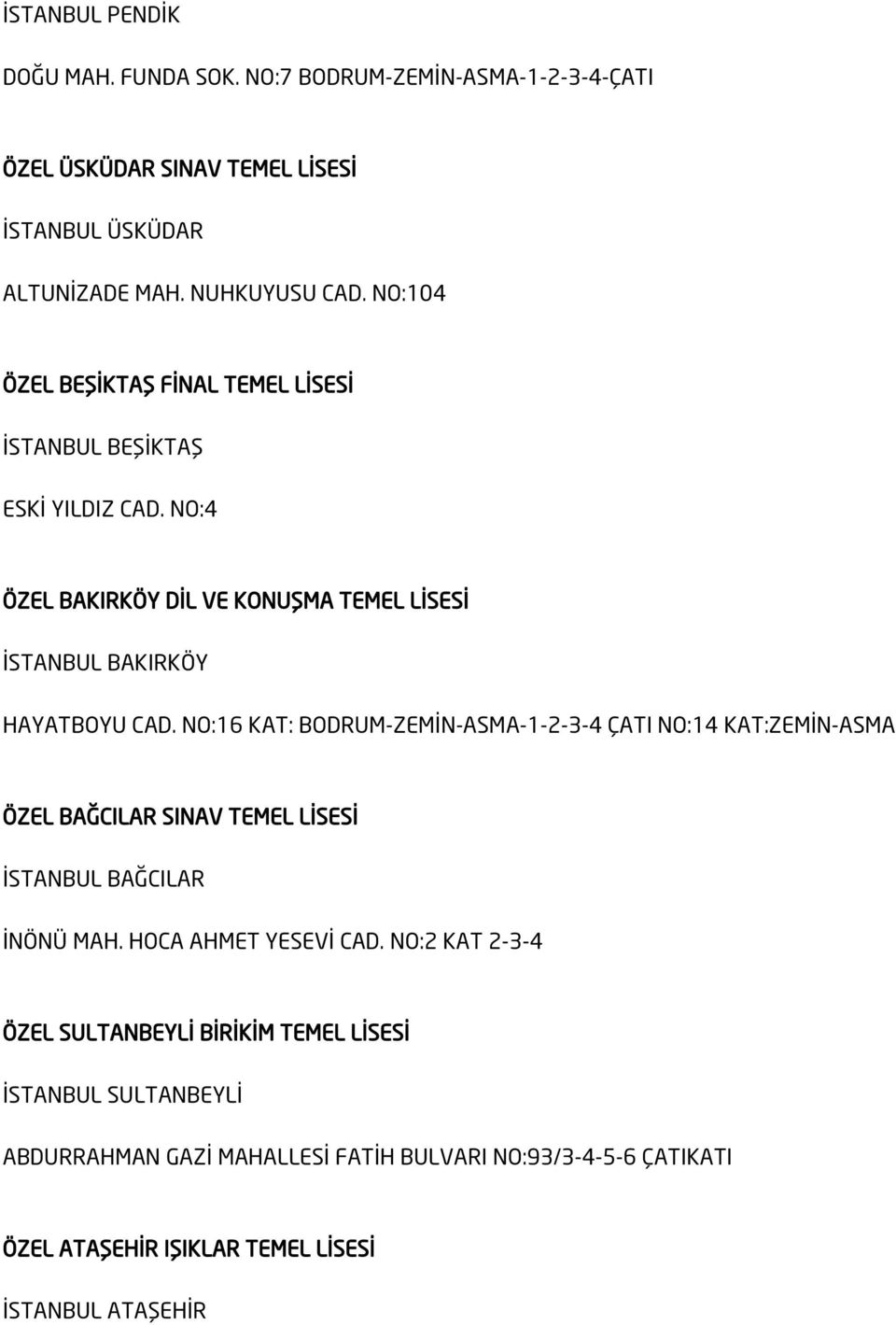 NO:16 KAT: BODRUM-ZEMİN-ASMA-1-2-3-4 ÇATI NO:14 KAT:ZEMİN-ASMA ÖZEL BAĞCILAR SINAV TEMEL LİSESİ İSTANBUL BAĞCILAR İNÖNÜ MAH. HOCA AHMET YESEVİ CAD.