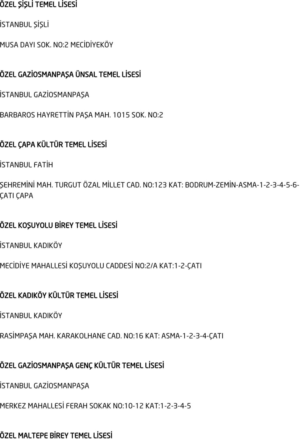 NO:123 KAT: BODRUM-ZEMİN-ASMA-1-2-3-4-5-6- ÇATI ÇAPA ÖZEL KOŞUYOLU BİREY TEMEL LİSESİ İSTANBUL KADIKÖY MECİDİYE MAHALLESİ KOŞUYOLU CADDESİ NO:2/A KAT:1-2-ÇATI ÖZEL