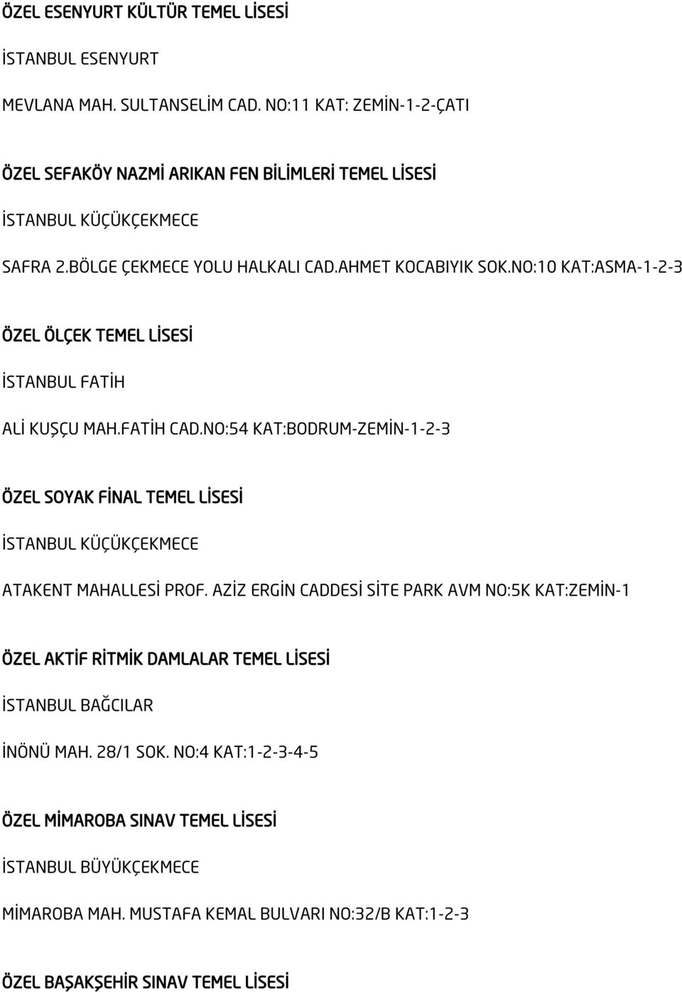 NO:10 KAT:ASMA-1-2-3 ÖZEL ÖLÇEK TEMEL LİSESİ İSTANBUL FATİH ALİ KUŞÇU MAH.FATİH CAD.