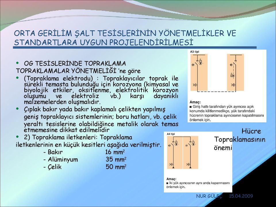 Çıplak bakır yada bakır kaplamalı çelikten yapılmış geniş topraklayıcı sistemlerinin; boru hatları, vb.