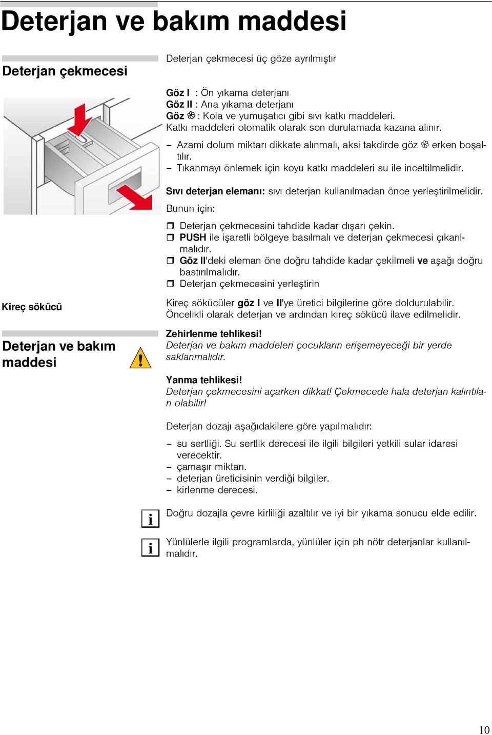 Tıkanmayı önlemek için koyu katkı maddeleri su ile inceltilmelidir. Sıvı deterjan elemanı: sıvı deterjan kullanılmadan önce yerleştirilmelidir.