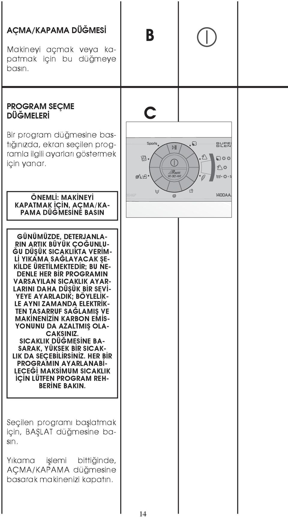 HER BİR PROGRAMIN VARSAYILAN SICAKLIK AYAR- LARINI DAHA DÜŞÜK BİR SEVİ- YEYE AYARLADIK; BÖYLELİK- LE AYNI ZAMANDA ELEKTRİK- TEN TASARRUF SAĞLAMIŞ VE MAKİNENİZİN KARBON EMİS- YONUNU DA AZALTMIŞ OLA-