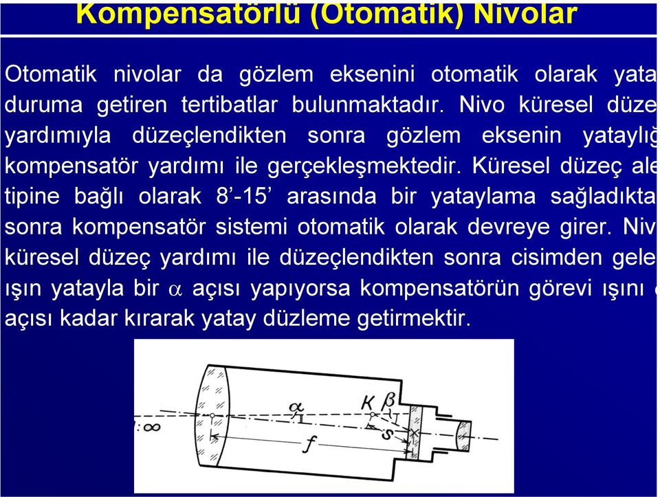 Küresel düzeç ale tipine bağlı olarak 8-15 arasında bir yataylama sağladıktan sonra kompensatör sistemi otomatik olarak devreye girer.