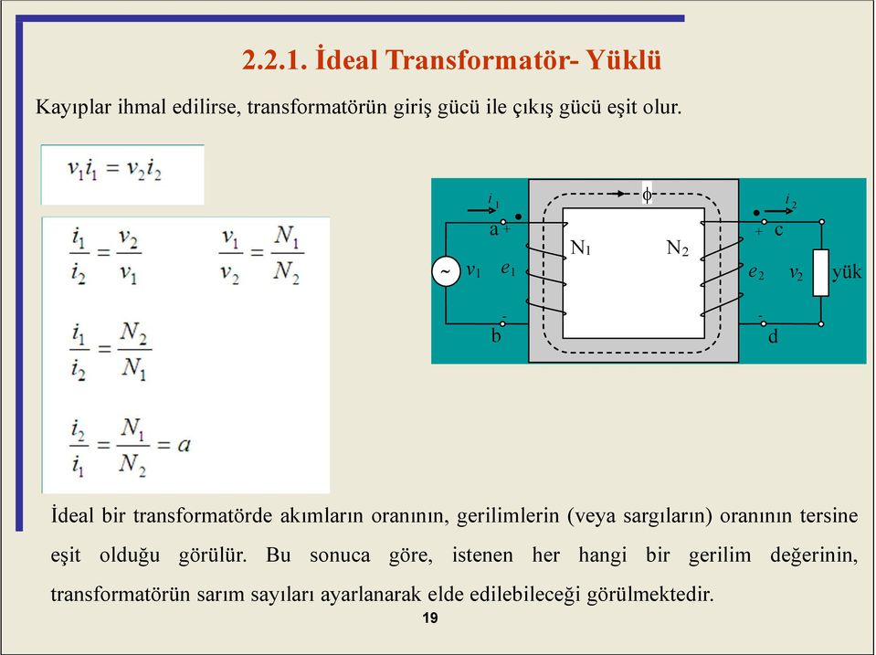 i i v a + + N N e e v c yük b - - d İdeal bir transformatörde akımların oranının, gerilimlerin