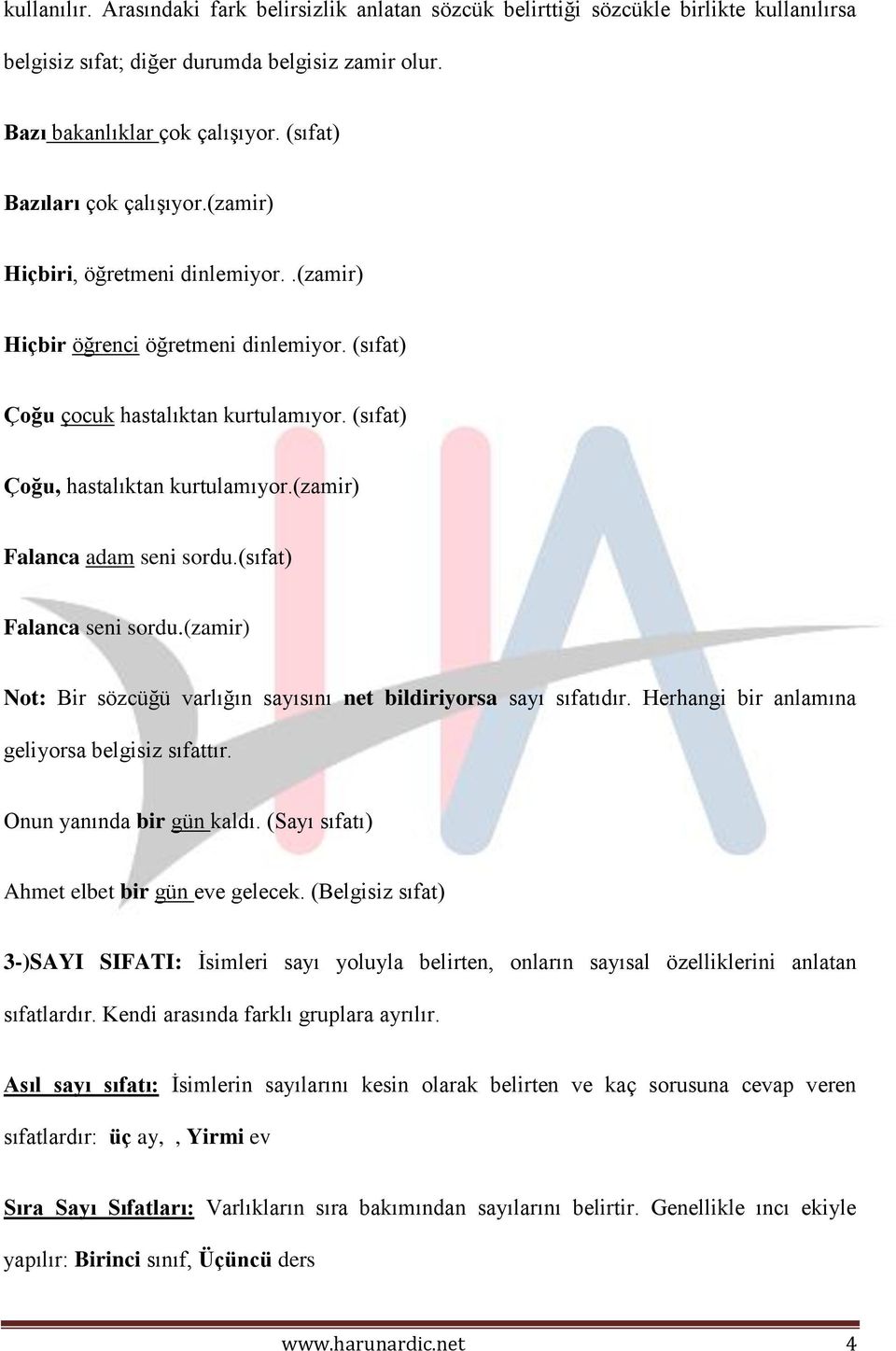 (zamir) Falanca adam seni sordu.(sıfat) Falanca seni sordu.(zamir) Not: Bir sözcüğü varlığın sayısını net bildiriyorsa sayı sıfatıdır. Herhangi bir anlamına geliyorsa belgisiz sıfattır.