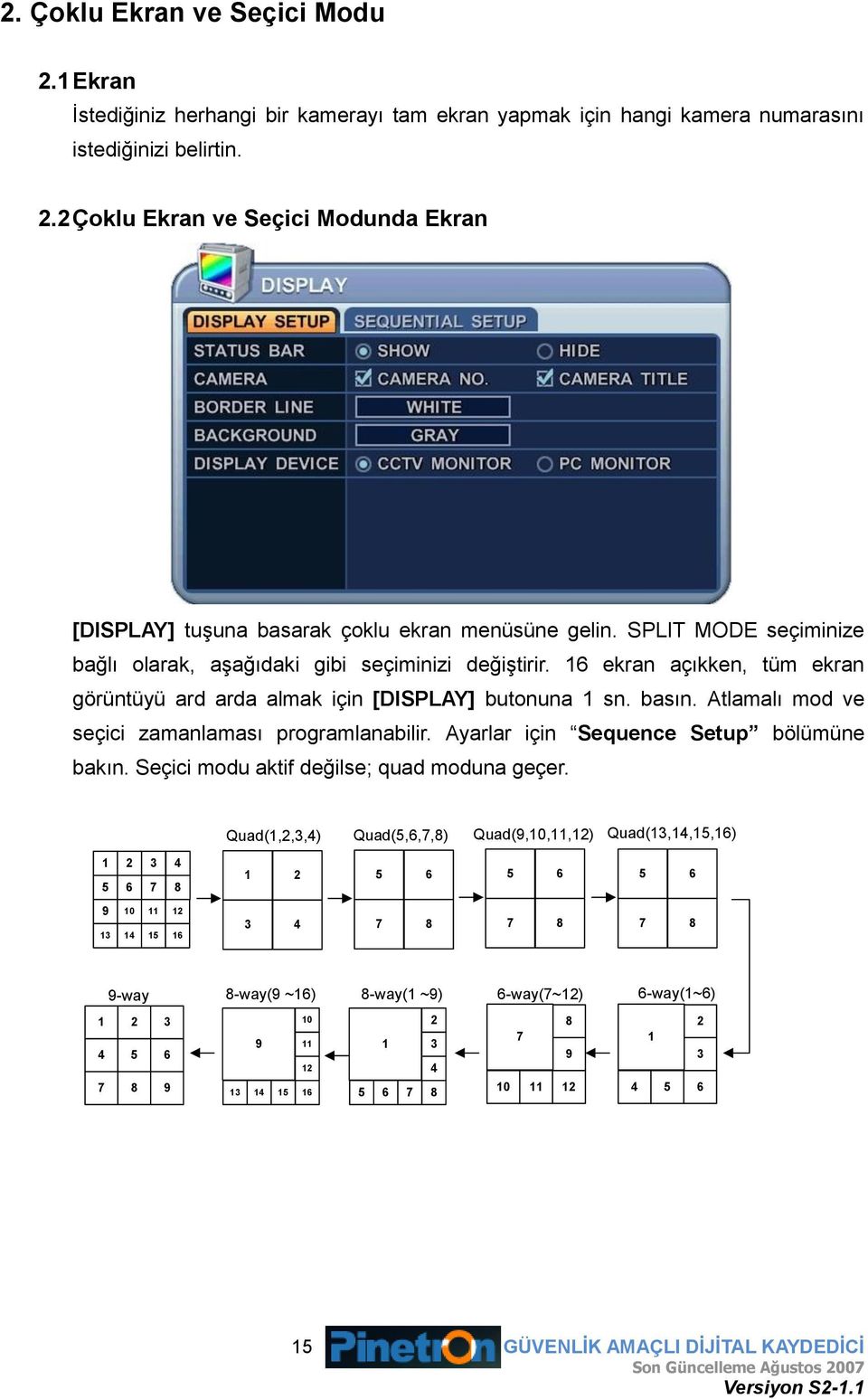 Atlamalı mod ve seçici zamanlaması programlanabilir. Ayarlar için Sequence Setup bölümüne bakın. Seçici modu aktif değilse; quad moduna geçer.