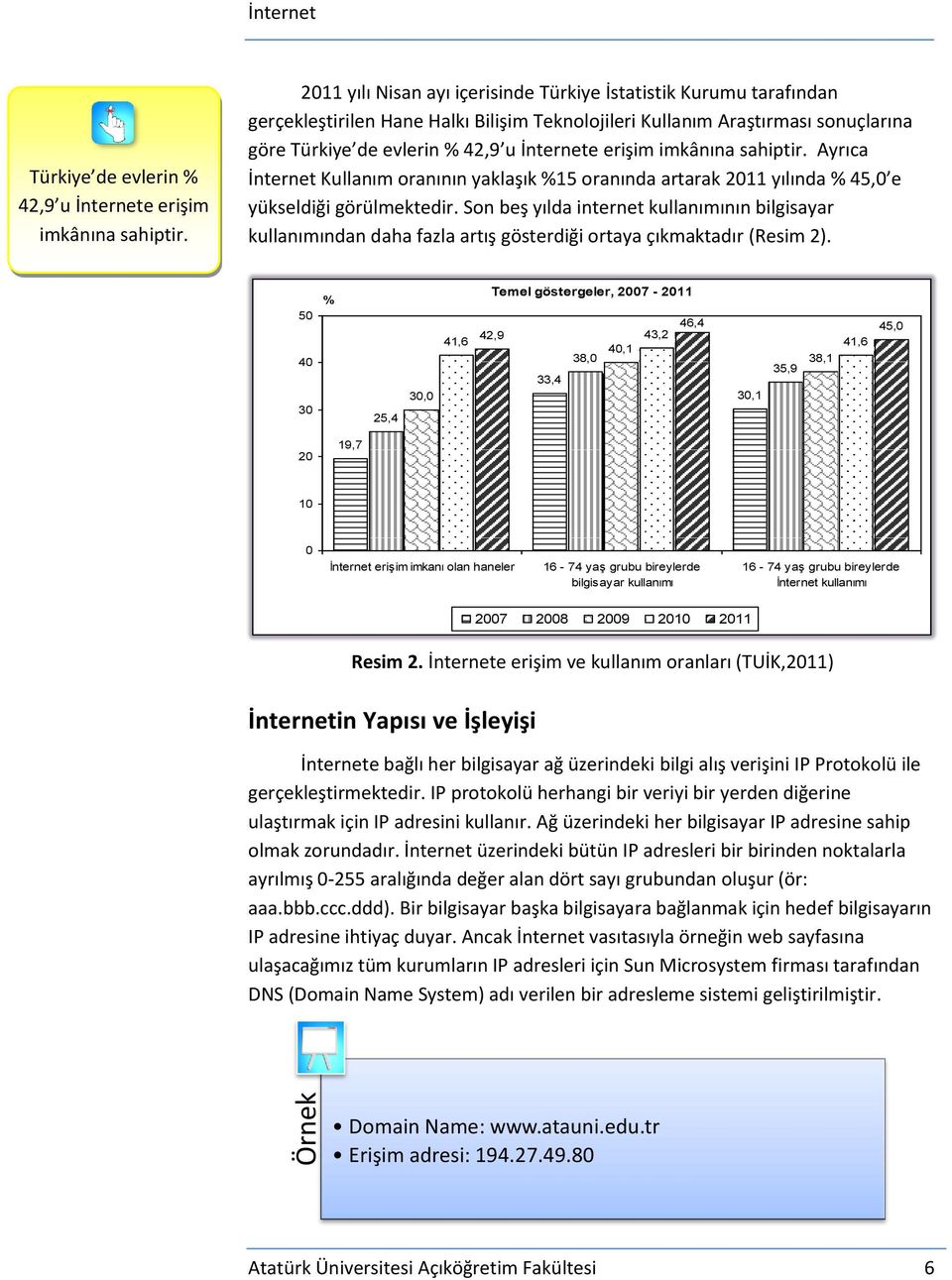 erişim imkânına sahiptir. Ayrıca İnternet Kullanım oranının yaklaşık %15 oranında artarak 2011 yılında % 45,0 e yükseldiği görülmektedir.