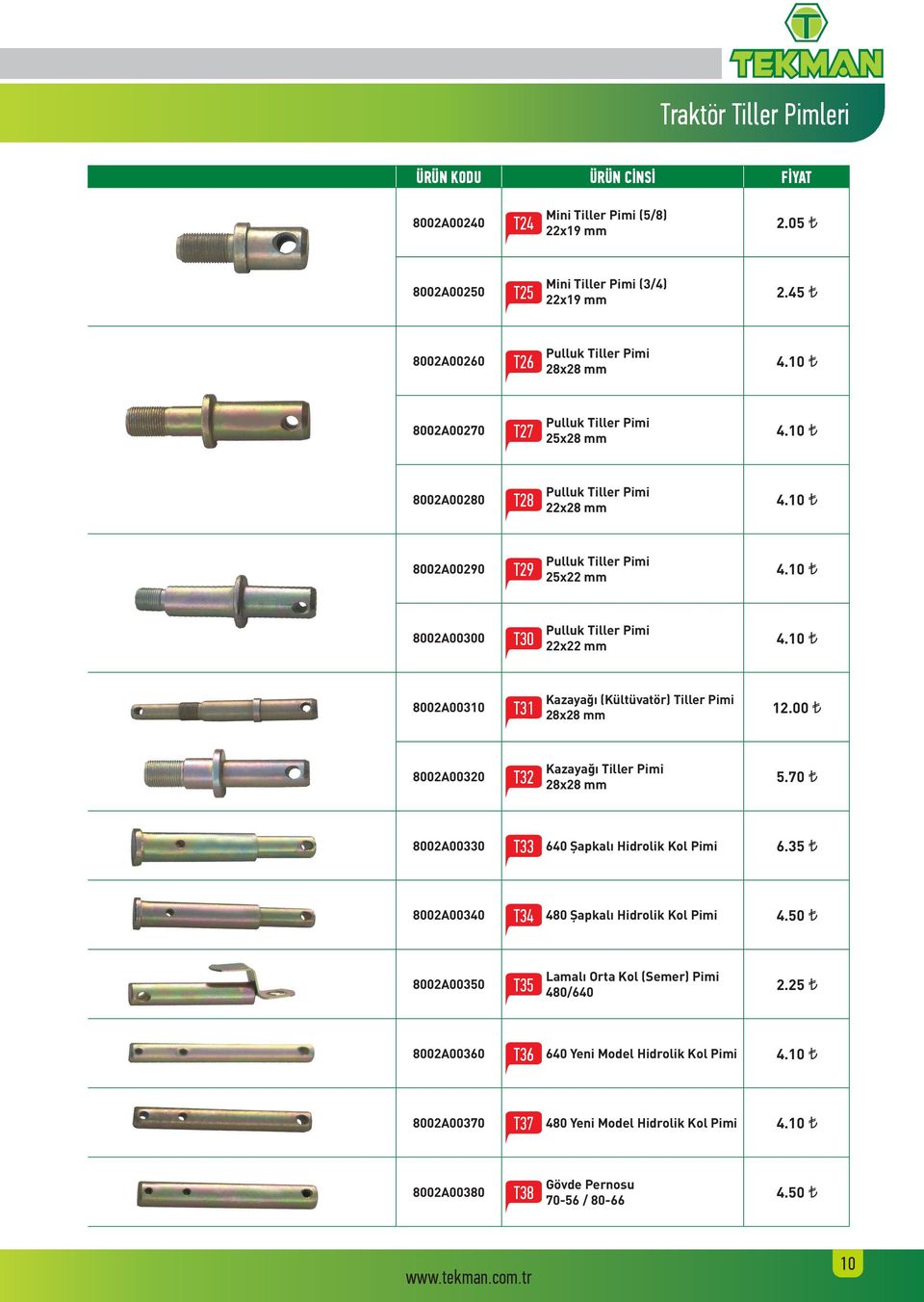 10 8002A00310 T31 Kazayağı (Kültüvatör) Tiller Pimi 28x28 mm 12.00 8002A00320 T32 Kazayağı Tiller Pimi 28x28 mm 5.70 T33 8002A00330 640 Şapkalı Hidrolik Kol Pimi 6.