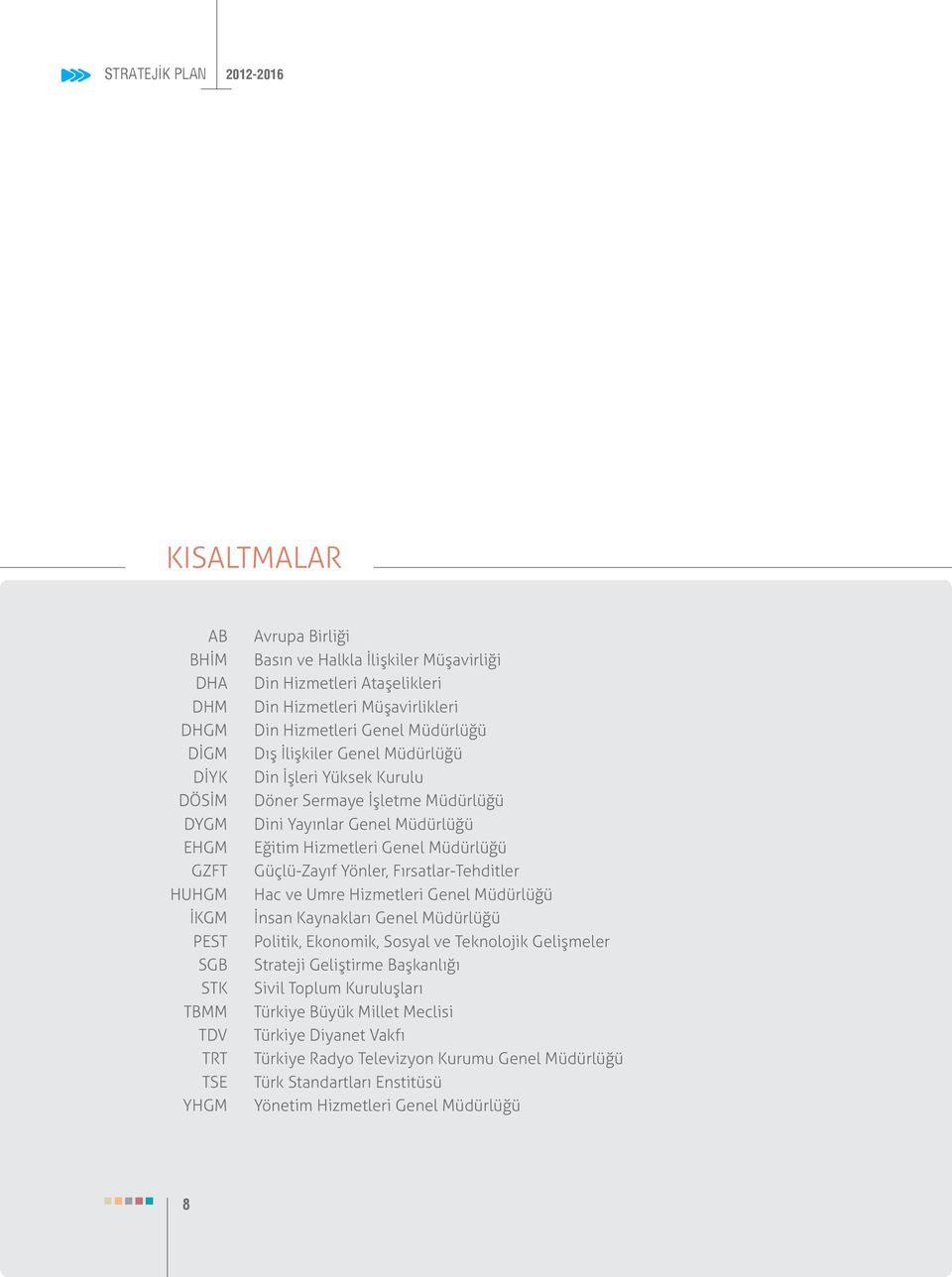 Genel Müdürlüğü Güçlü-Zayıf Yönler, Fırsatlar-Tehditler Hac ve Umre Hizmetleri Genel Müdürlüğü İnsan Kaynakları Genel Müdürlüğü Politik, Ekonomik, Sosyal ve Teknolojik Gelişmeler Strateji