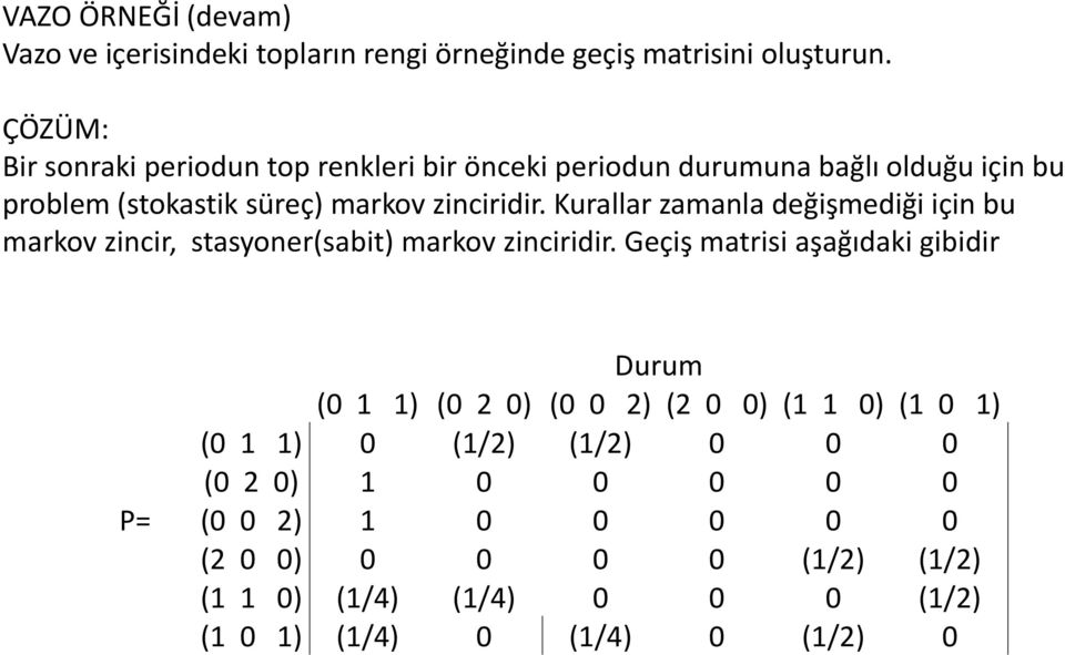 markov zinciridir. Kurallar zamanla değişmediği için bu markov zincir, stasyoner(sabit) markov zinciridir.