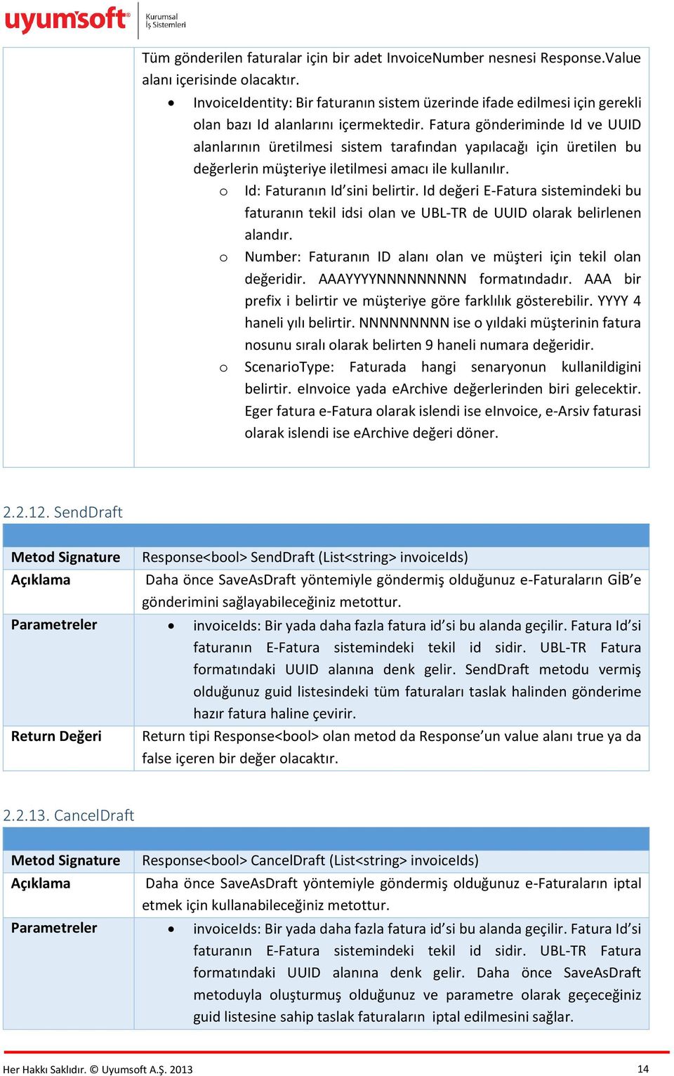 Fatura gönderiminde Id ve UUID alanlarının üretilmesi sistem tarafından yapılacağı için üretilen bu değerlerin müşteriye iletilmesi amacı ile kullanılır. o Id: Faturanın Id sini belirtir.