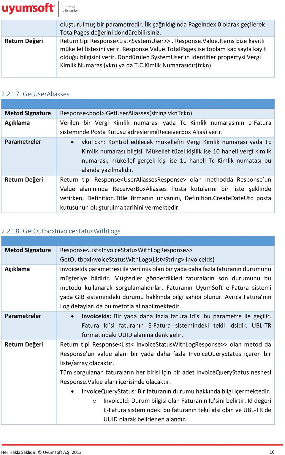 Döndürülen SystemUser ın Identifier propertysi Vergi Kimlik Numarası(vkn) ya da T.C.Kimlik Numarasıdır(tckn). 2.2.17.