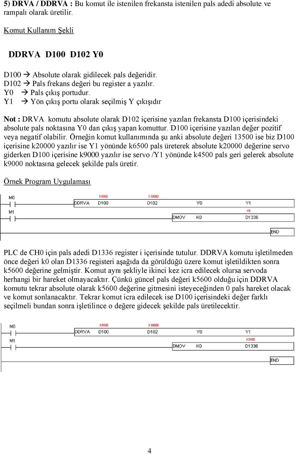 Y1 Yön çıkış portu olarak seçilmiş Y çıkışıdır Not : DRVA komutu absolute olarak D102 içerisine yazılan frekansta D100 içerisindeki absolute pals noktasına Y0 dan çıkış yapan komuttur.