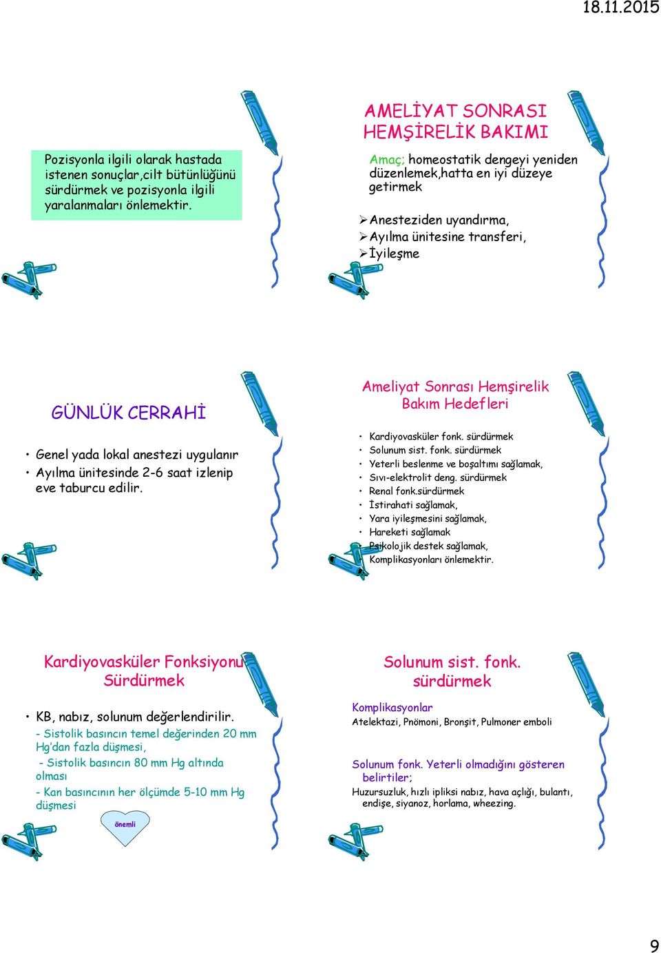 ünitesinde 2-6 saat izlenip eve taburcu edilir. Ameliyat Sonrası Hemşirelik Bakım Hedefleri Kardiyovasküler fonk. sürdürmek Solunum sist. fonk. sürdürmek Yeterli beslenme ve boşaltımı sağlamak, Sıvı-elektrolit deng.