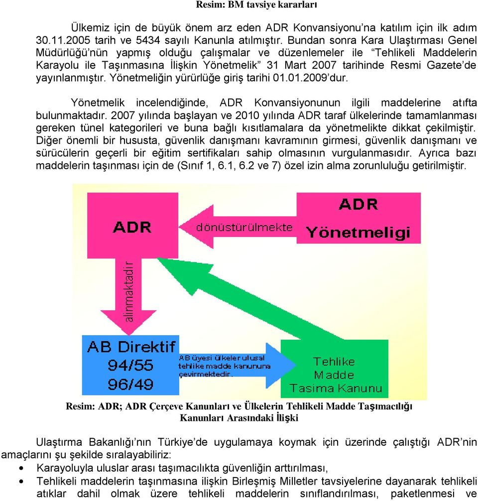 yayınlanmıştır. Yönetmeliğin yürürlüğe giriş tarihi 01.01.2009 dur. Yönetmelik incelendiğinde, ADR Konvansiyonunun ilgili maddelerine atıfta bulunmaktadır.