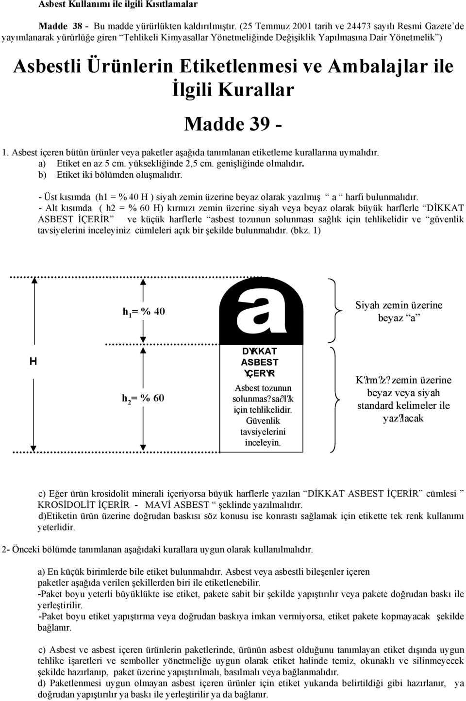 Ambalajlar ile İlgili Kurallar Madde 39 1. Asbest içeren bütün ürünler veya paketler aşağıda tanımlanan etiketleme kurallarına uymalıdır. a) Etiket en az 5 cm. yüksekliğinde 2,5 cm.