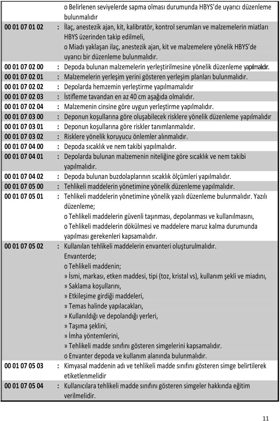 00 01 07 02 00 : Depoda bulunan malzemelerin yerleştirilmesine yönelik düzenleme yapılmalıdır. 00 01 07 02 01 : Malzemelerin yerleşim yerini gösteren yerleşim planları bulunmalıdır.