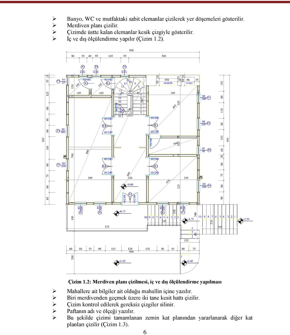 2: Merdiven planı çizilmesi, iç ve dıģ ölçülendirme yapılması Mahallere ait bilgiler ait olduğu mahallin içine yazılır.