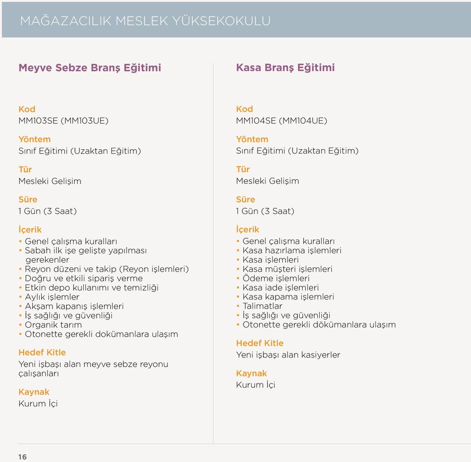 gerekli dokümanlara ulaşım Yeni işbaşı alan meyve sebze reyonu çalışanları Kurum İçi MM104SE (MM104UE) (Uzaktan Eğitim) 1 Gün (3 Saat) Genel çalışma kuralları Kasa hazırlama işlemleri Kasa