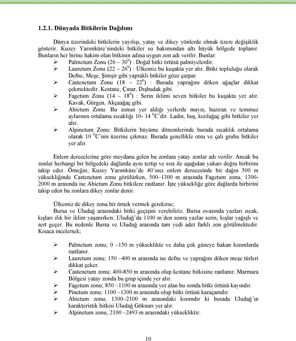 Bunlar: Palmetum Zonu (26 30 0 ) : Doğal bitki örtüsü palmiyelerdir. Lauretum Zonu (22 26 0 ) : Ülkemiz bu kuşakta yer alır.