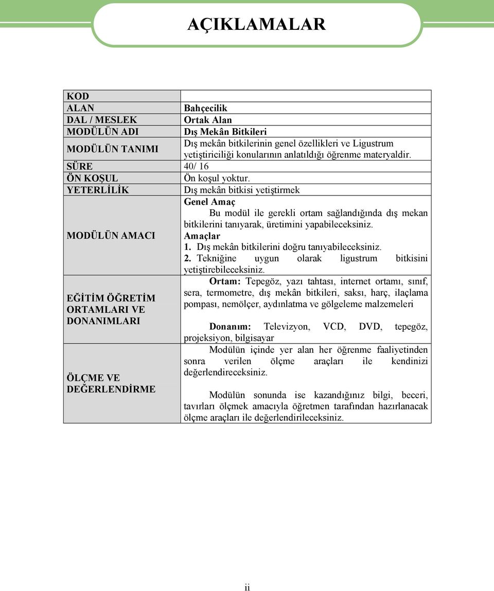 YETERLİLİK Dış mekân bitkisi yetiştirmek Genel Amaç Bu modül ile gerekli ortam sağlandığında dış mekan bitkilerini tanıyarak, üretimini yapabileceksiniz. MODÜLÜN AMACI Amaçlar 1.