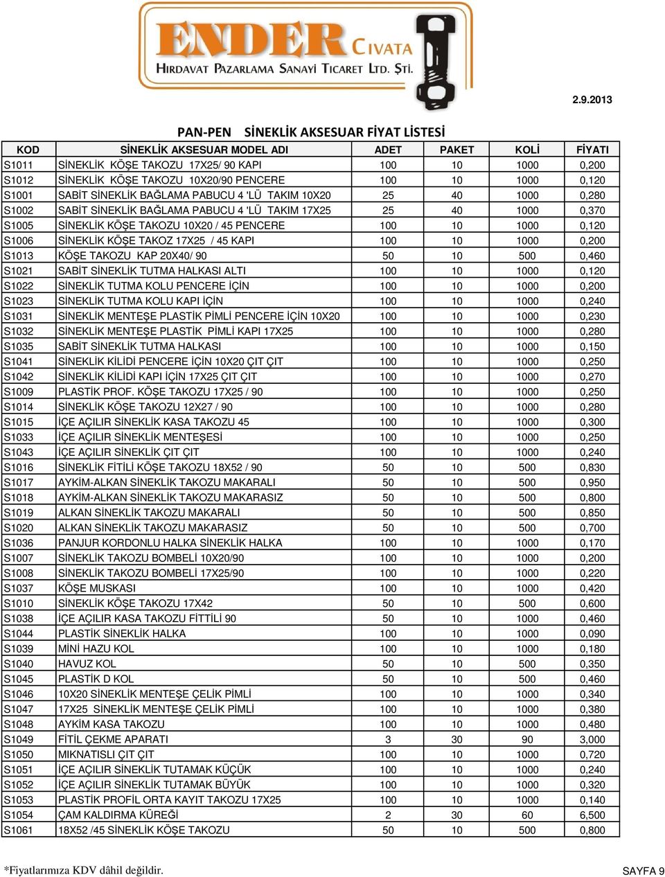 10X20 / 45 PENCERE 100 10 1000 0,120 S1006 SİNEKLİK KÖŞE TAKOZ 17X25 / 45 KAPI 100 10 1000 0,200 S1013 KÖŞE TAKOZU KAP 20X40/ 90 50 10 500 0,460 S1021 SABİT SİNEKLİK TUTMA HALKASI ALTI 100 10 1000