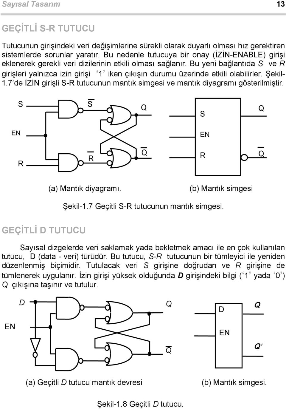 Bu yeni bağlantıda S ve R girişleri yalnızca izin girişi iken çıkışın durumu üzerinde etkili olabilirler. Şekil-.7 de İZİN girişli S-R tutucunun mantık simgesi ve mantık diyagramı gösterilmiştir.